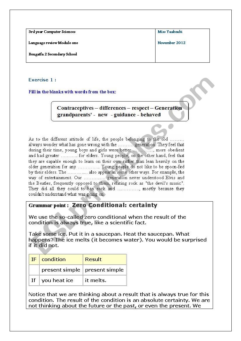 Review Tasks Module One 3rd years Tunisian Schools