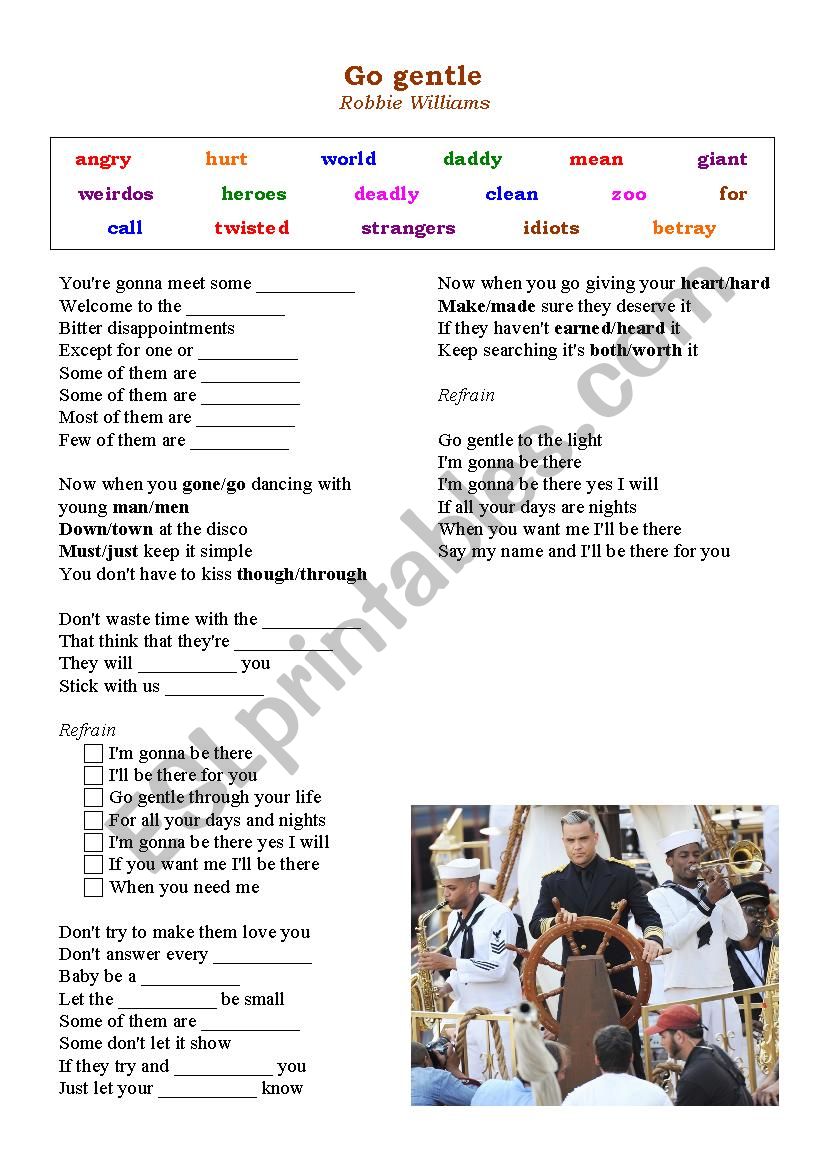 Go gentle by Robbie Williams worksheet