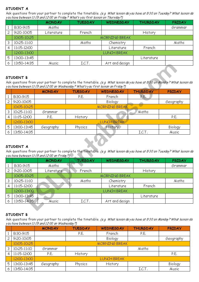 Timetable - pairwork, gap filling 