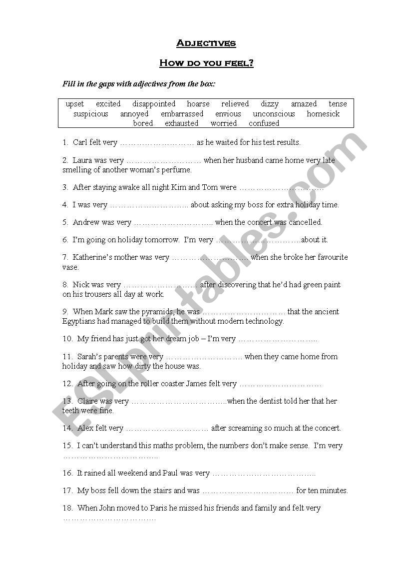 Adjectives of feeling worksheet