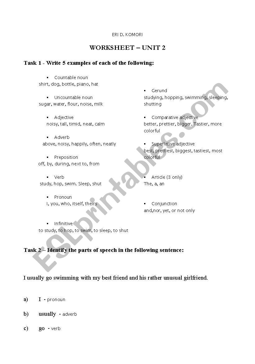 Worksheet for Parts of Speech (with sample answers)
