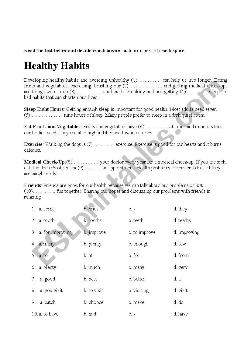 Healthy habits worksheet