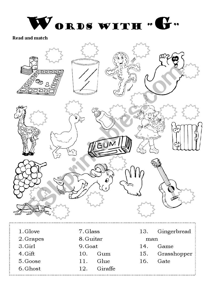 Words with letter G worksheet