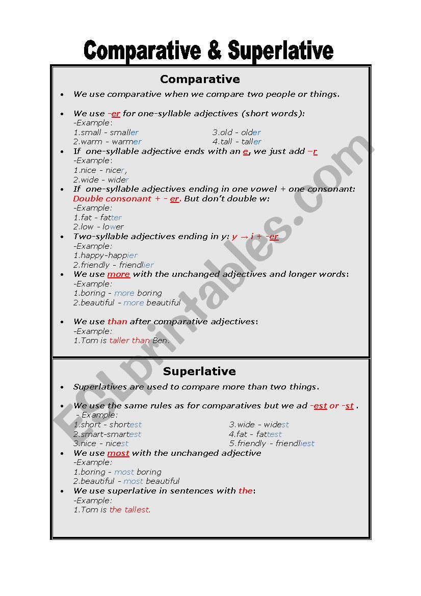 Comparative and Superlative worksheet