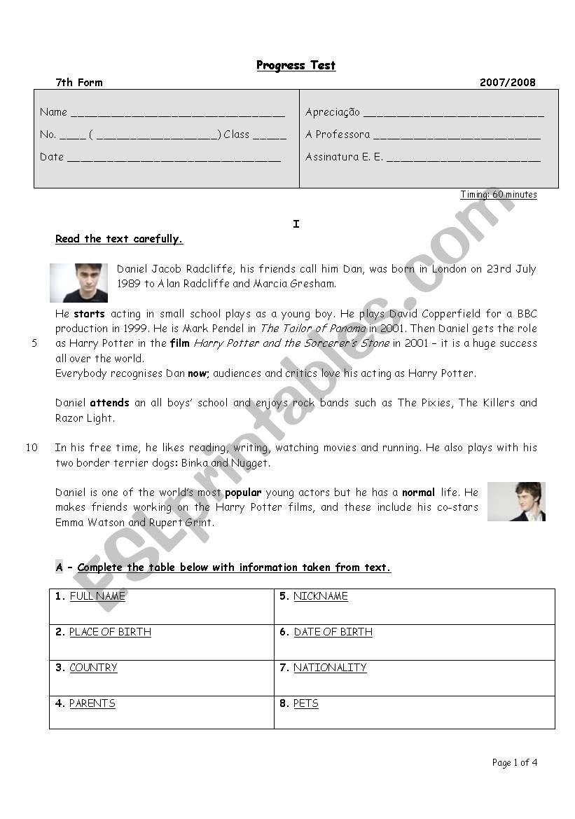progress test worksheet
