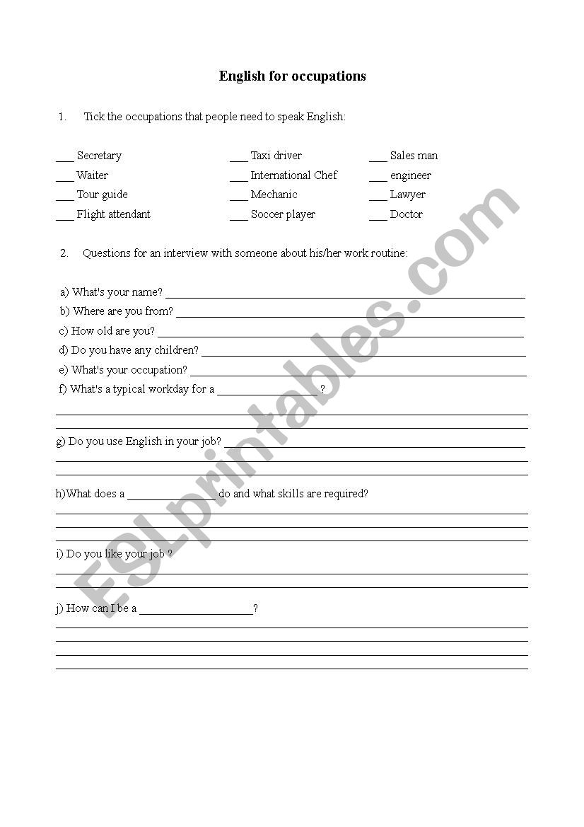 English for occupations worksheet