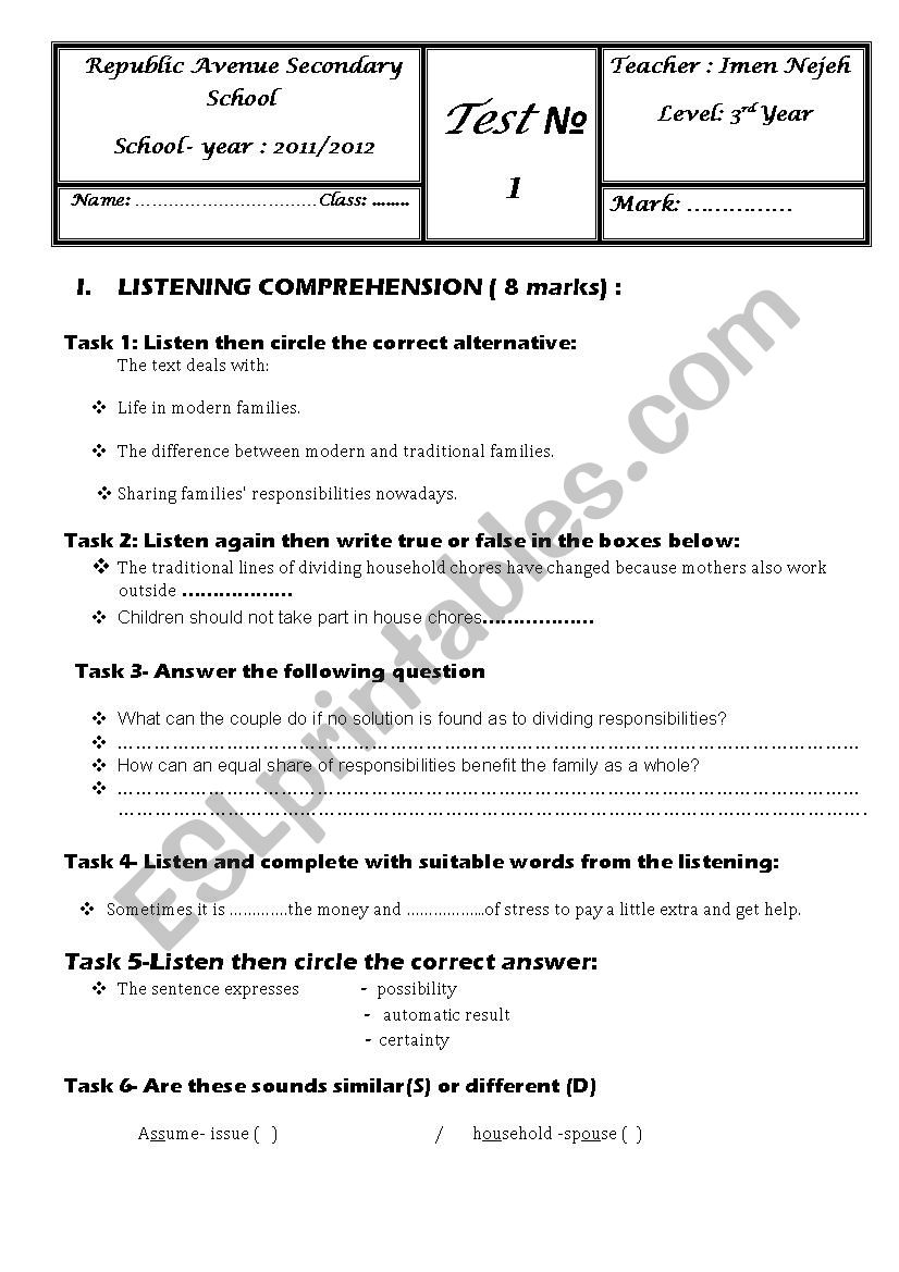 FULL TERM TEST  1 THIRD YEAR  worksheet