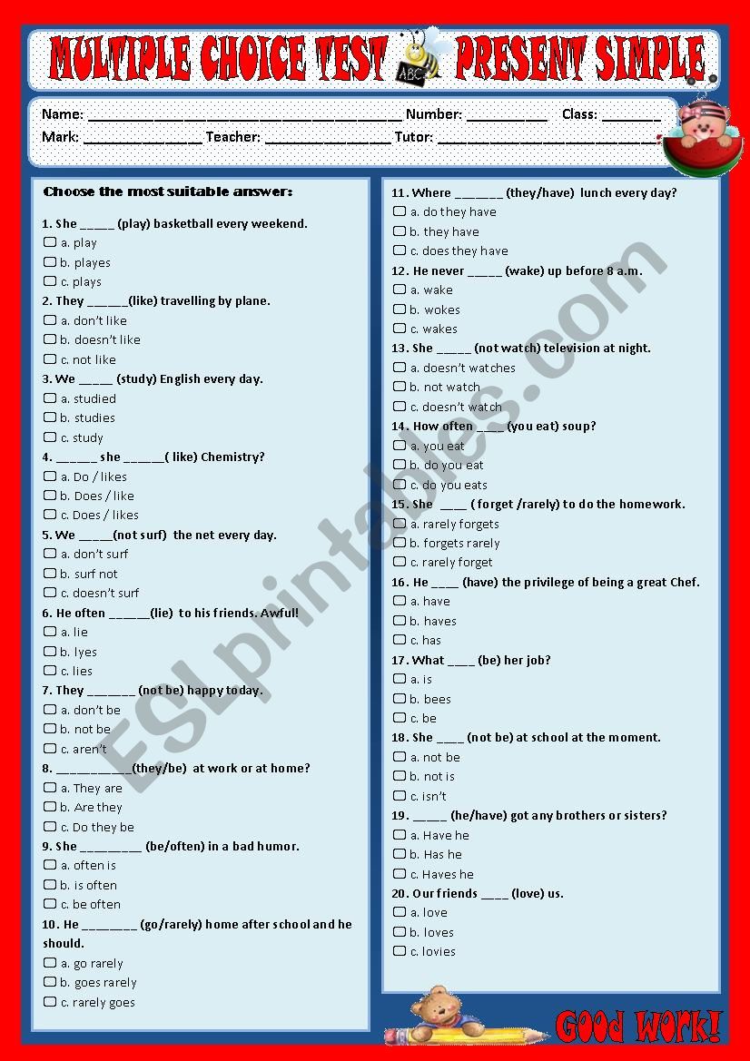 Multiple choice test - Present simple