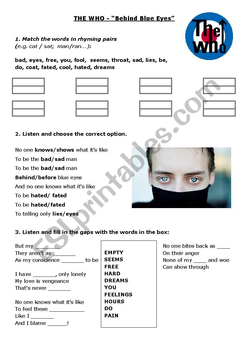 Behind Blue Eyes by THE WHO worksheet