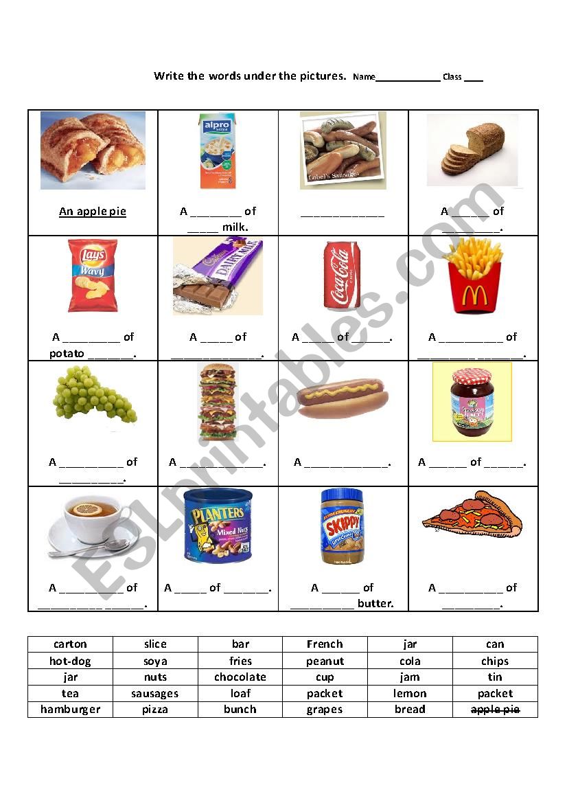 Food and containers worksheet