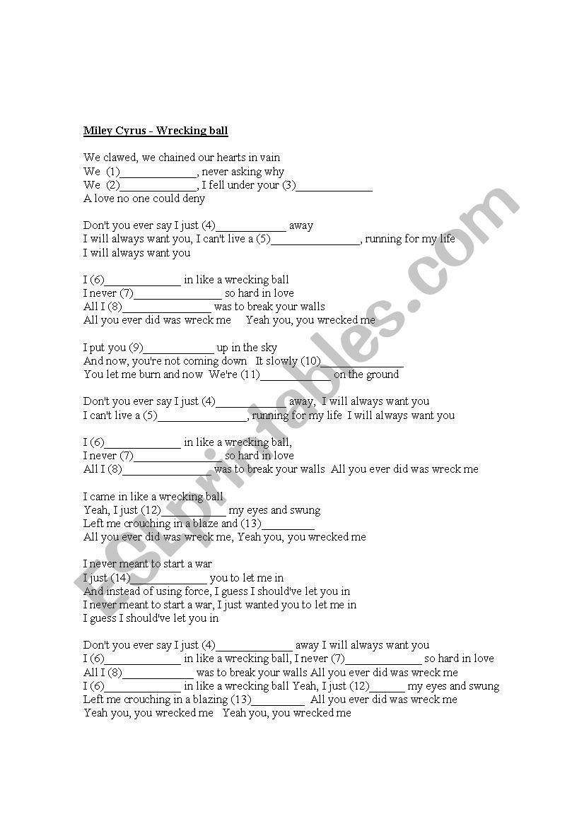 Miley Cyrus, Wrecking ball worksheet