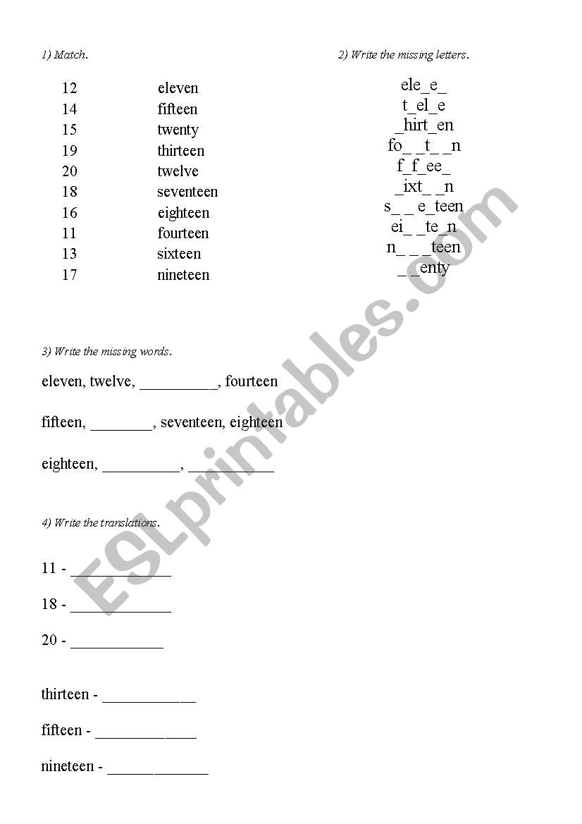 Numbers 11-20 worksheet