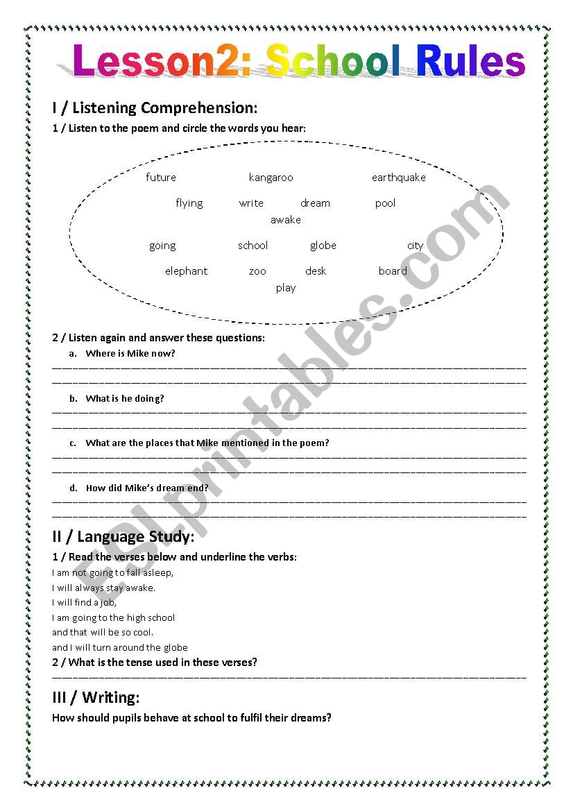 Day dreaming at school worksheet