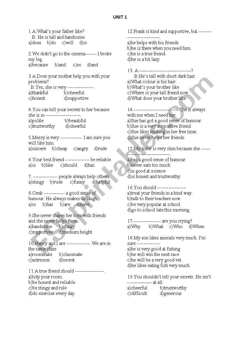 Adjectives-multiple choice test