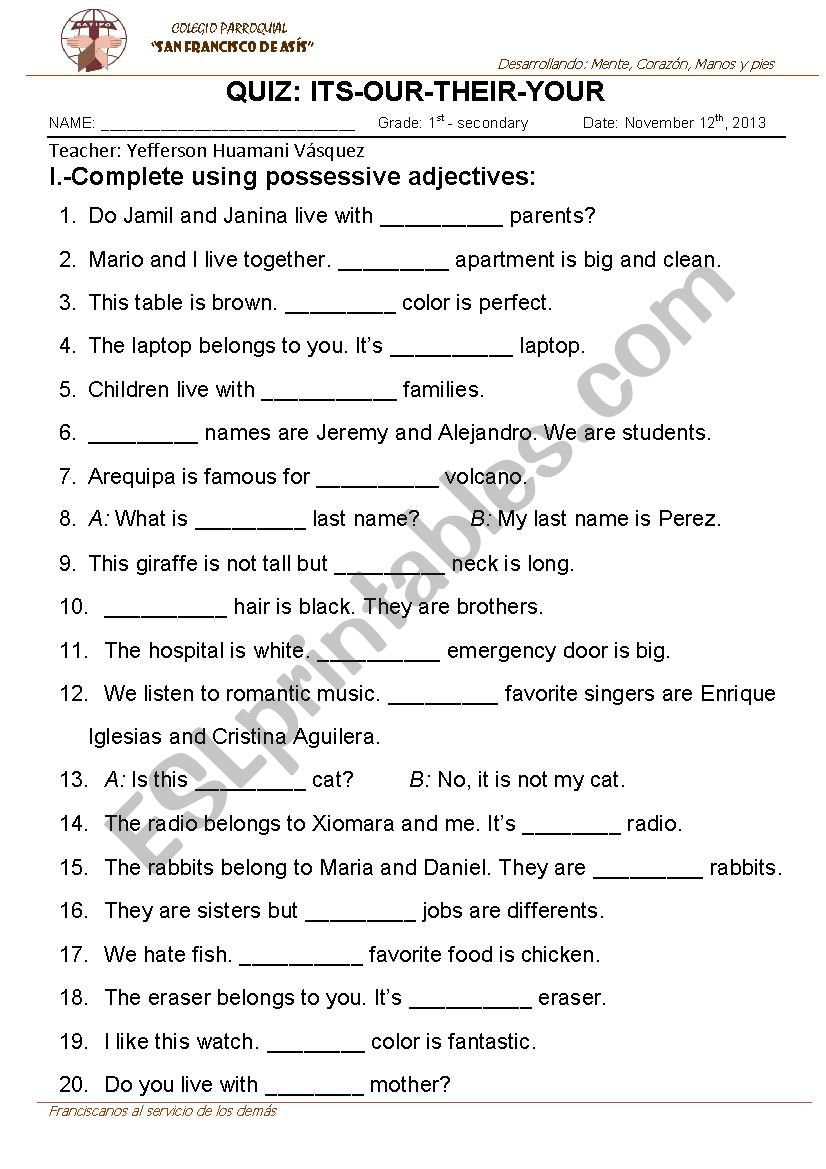 possessive adjectives worksheet