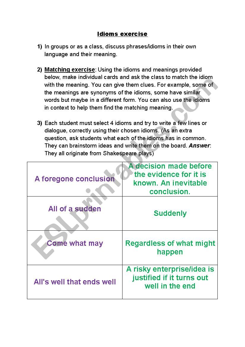 Idiom/meaning matching activity