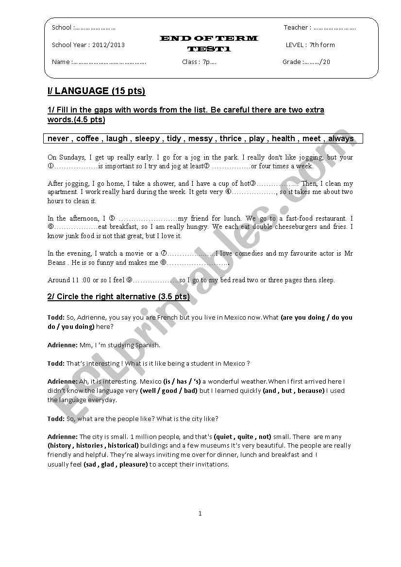 full term test 1 7th form worksheet