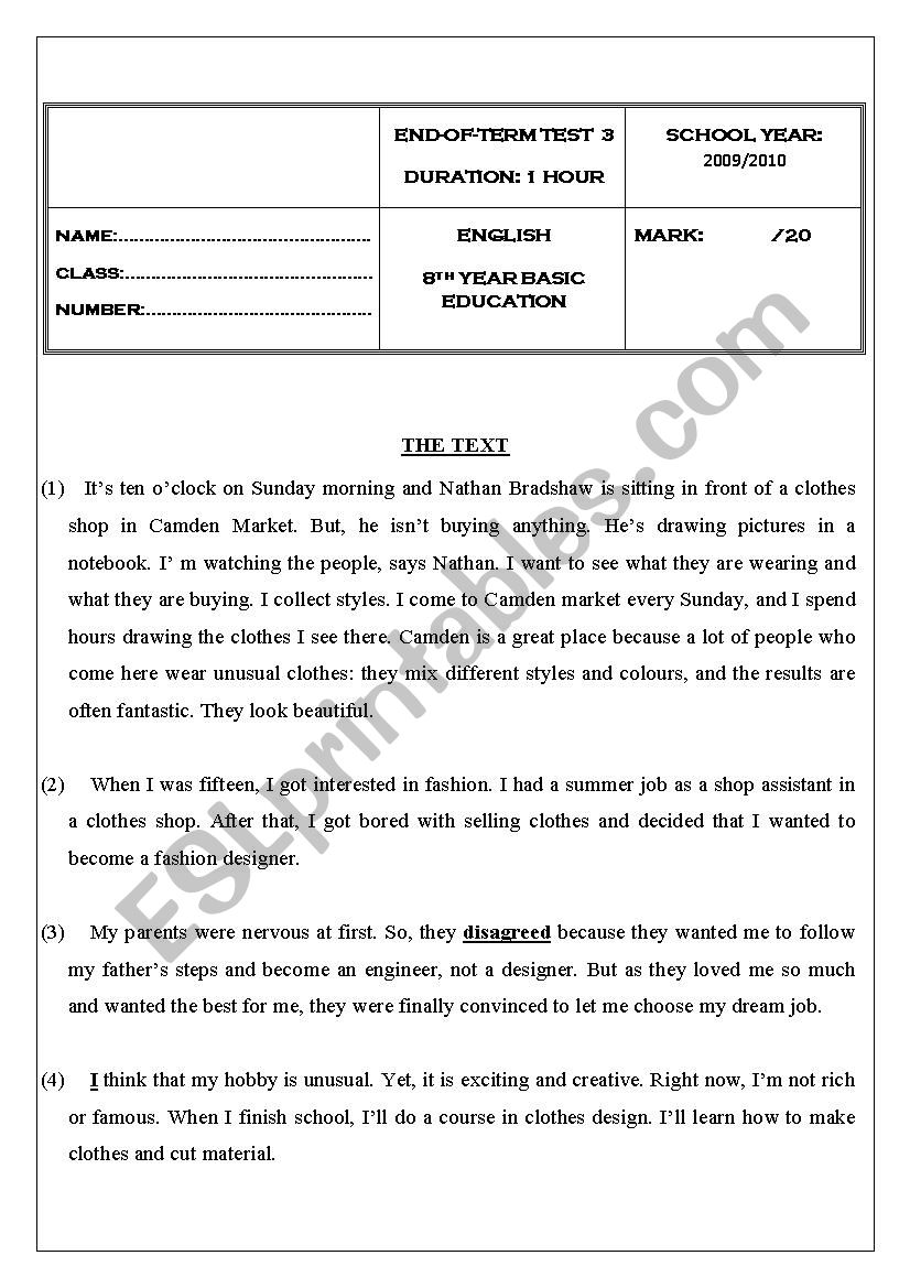 test n 3 for 8 th level worksheet