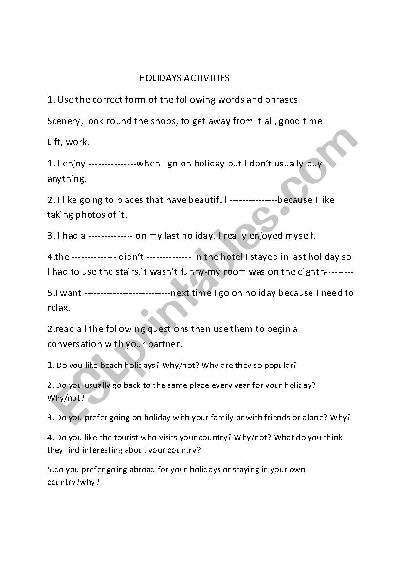 Holidays Activities worksheet