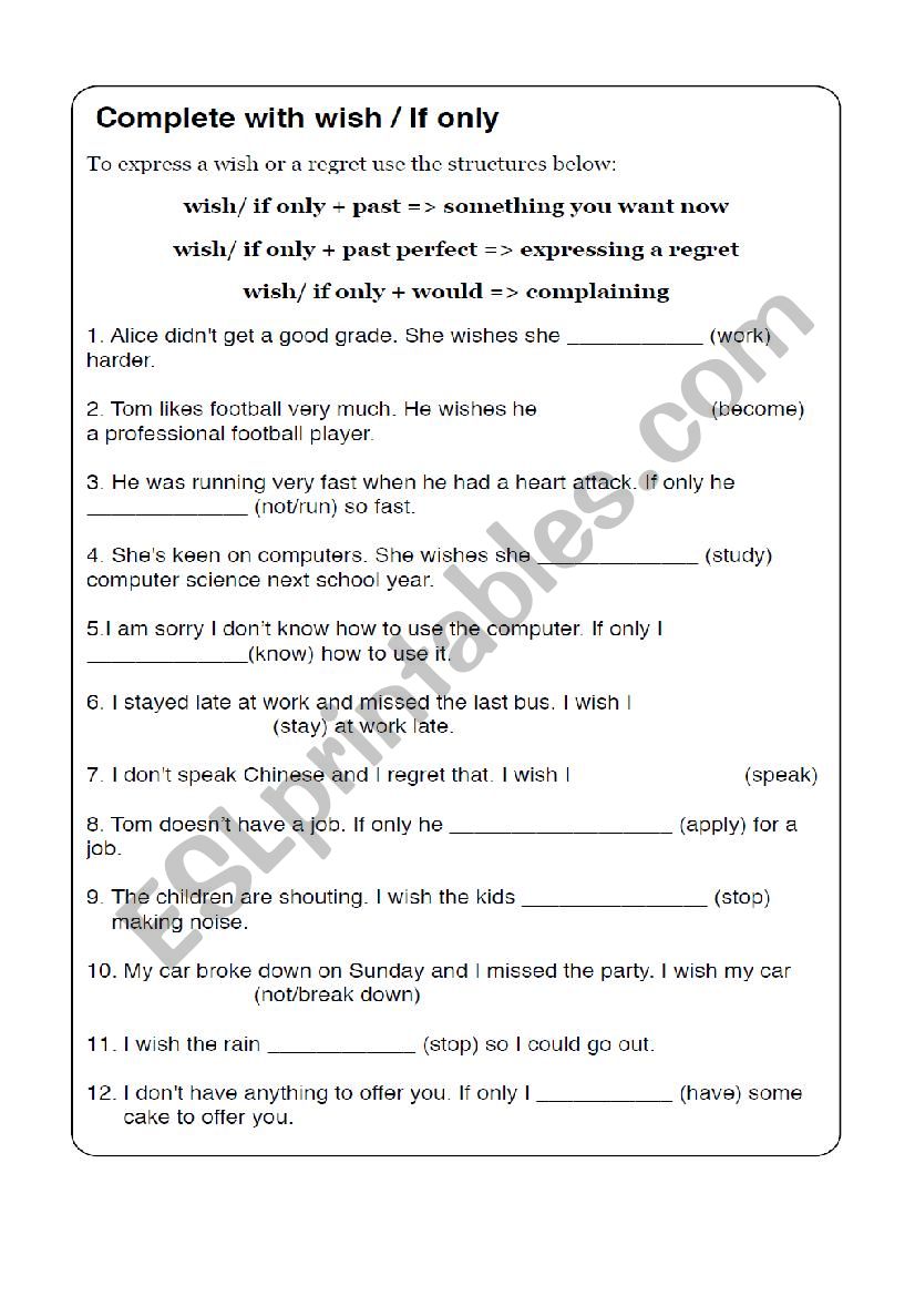 Wish / If only worksheet