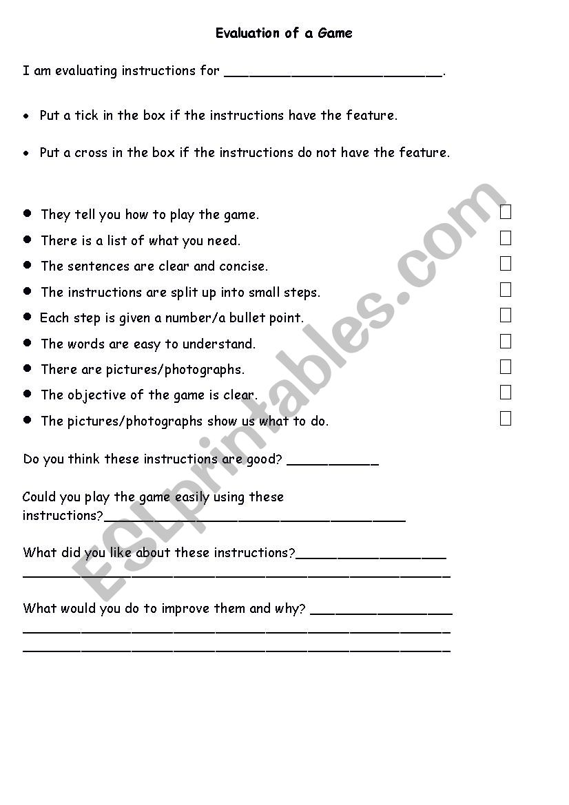 Evaluating game instructions worksheet