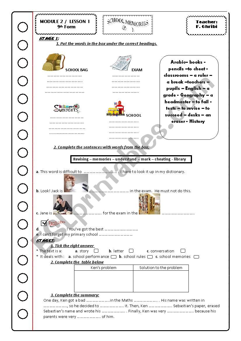 Module 2 Lesson 1 SCHOOL MEMORIES   Tunisian 9th form sts