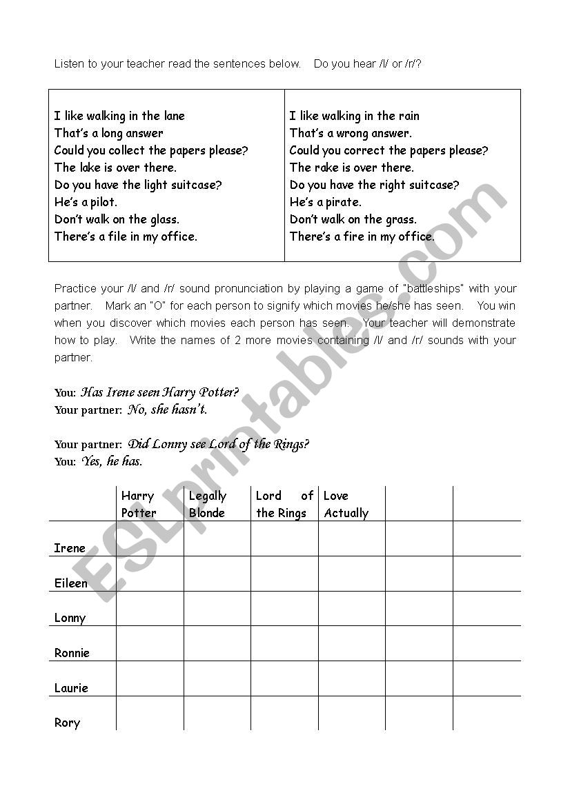 Pronunciation practice:  L and R