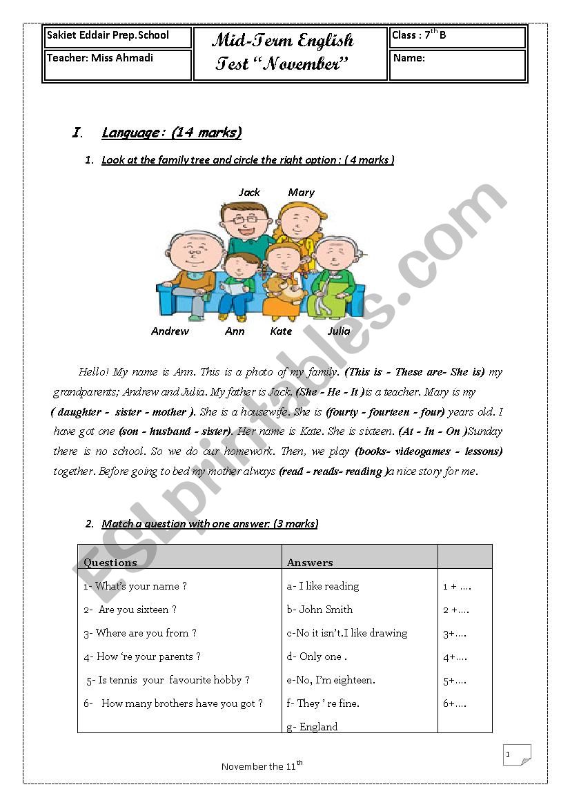 ordinary test number one worksheet