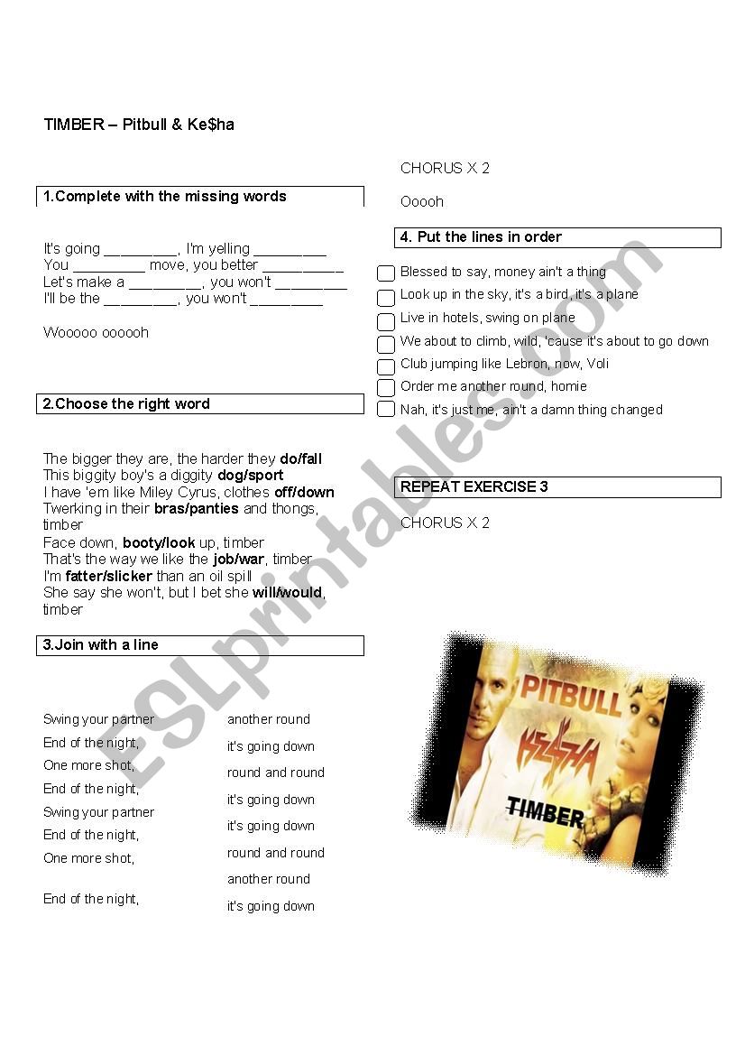 Timber - Pitbull & Ke$ha worksheet