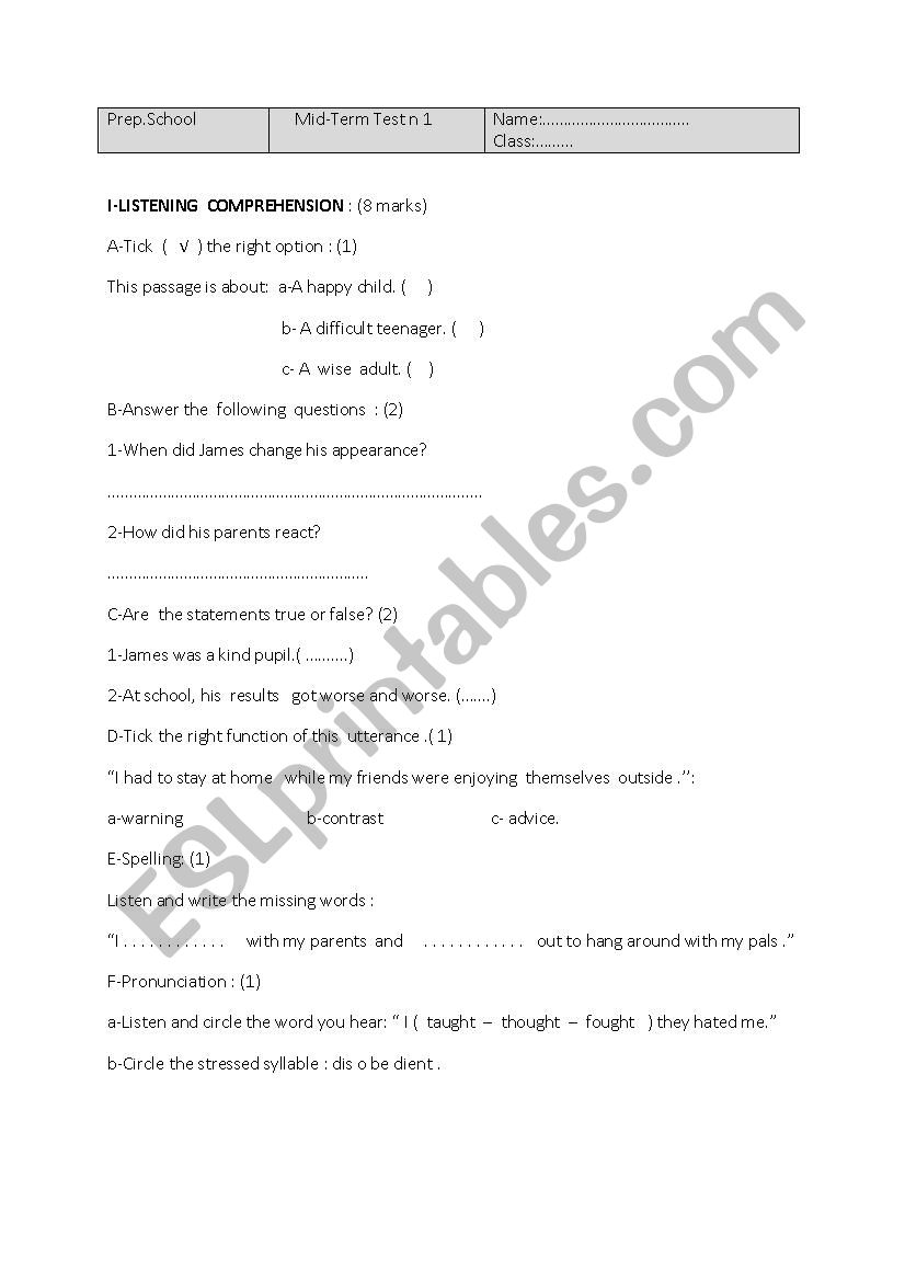 mid-term test 9th form worksheet