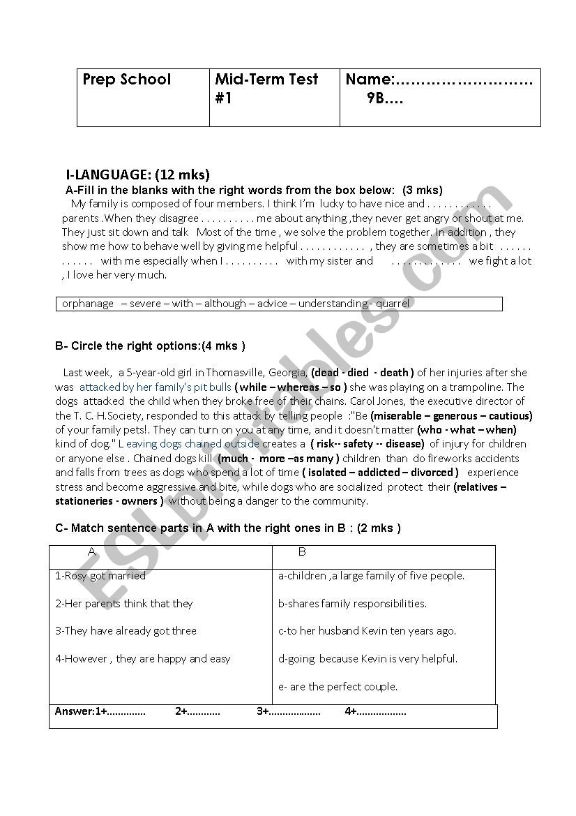 test 1 ,9th form worksheet