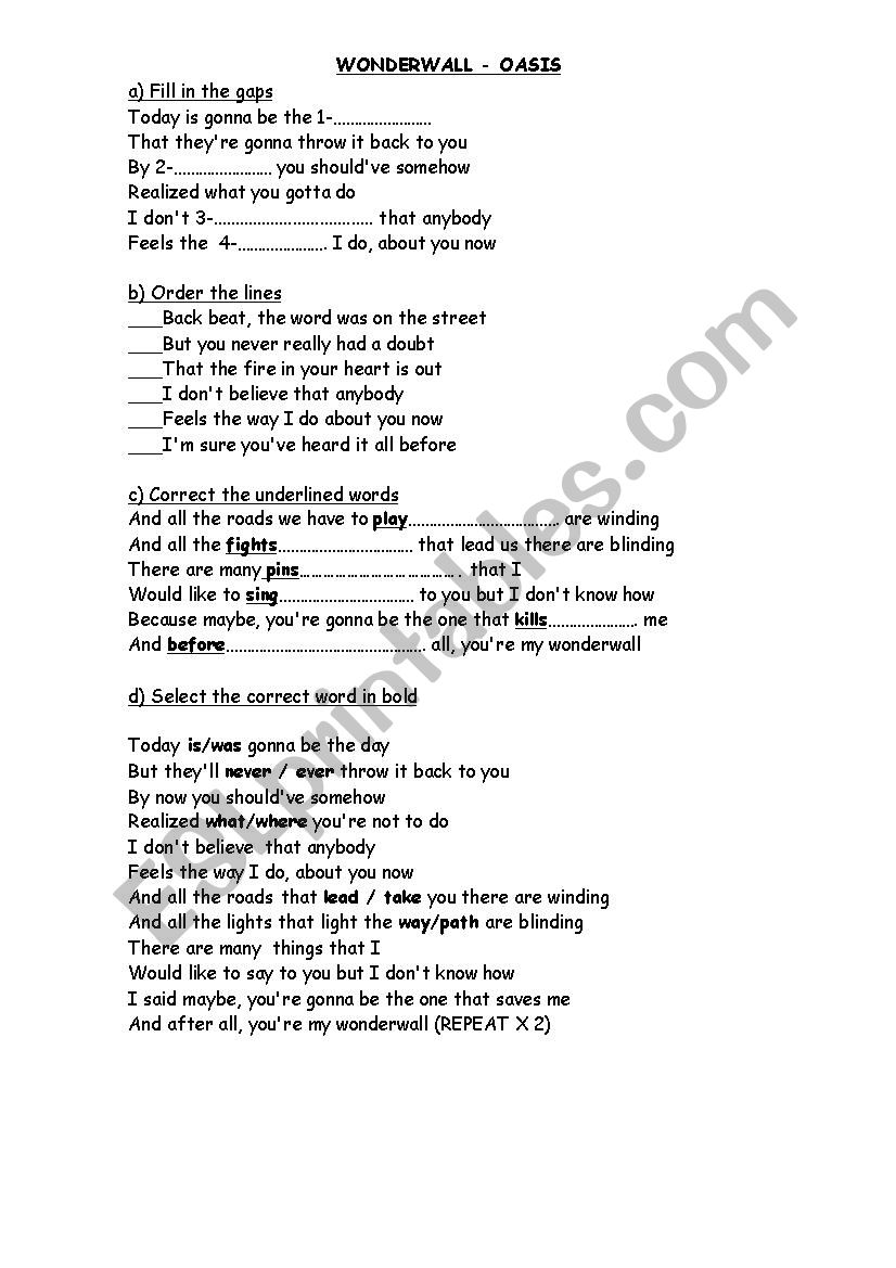 Song worksheet - Wonderwall by Oasis