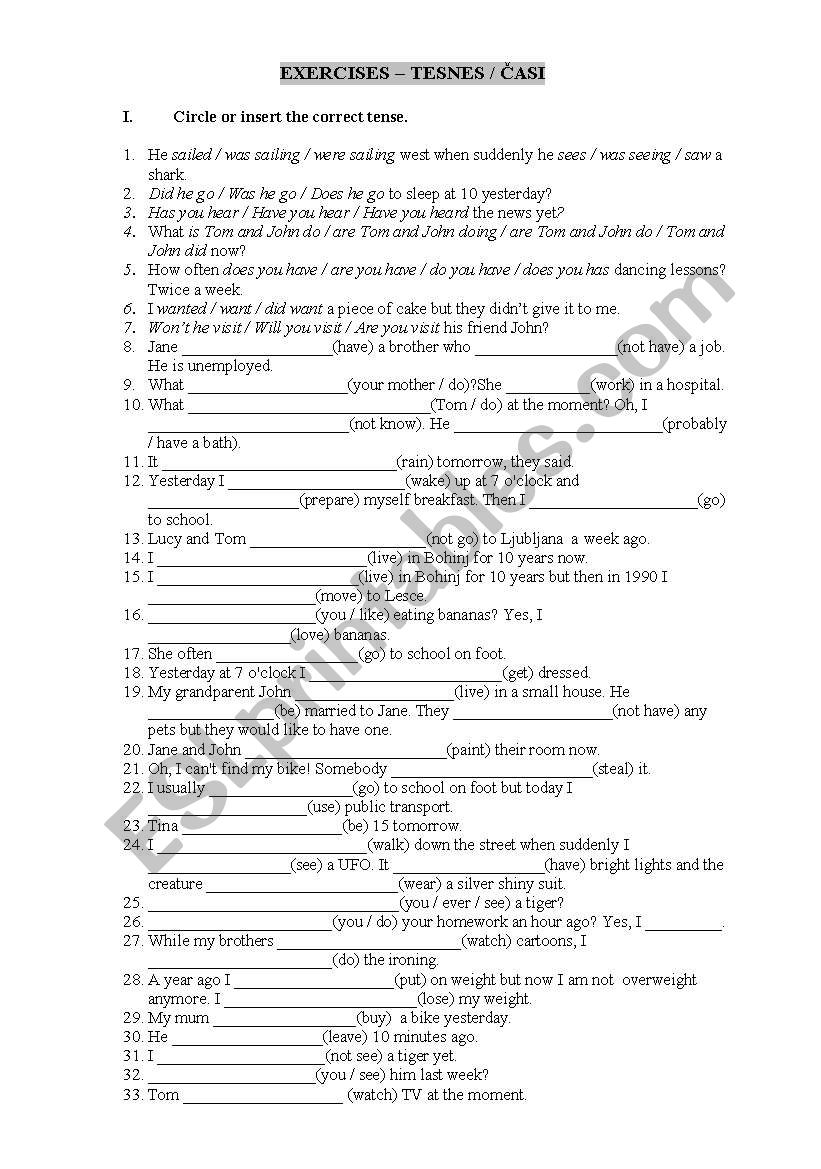 mixed exercises - tenses worksheet