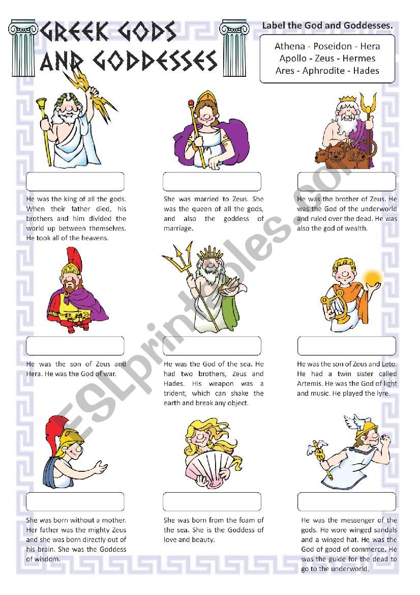 Greek Gods and Goddesses worksheet