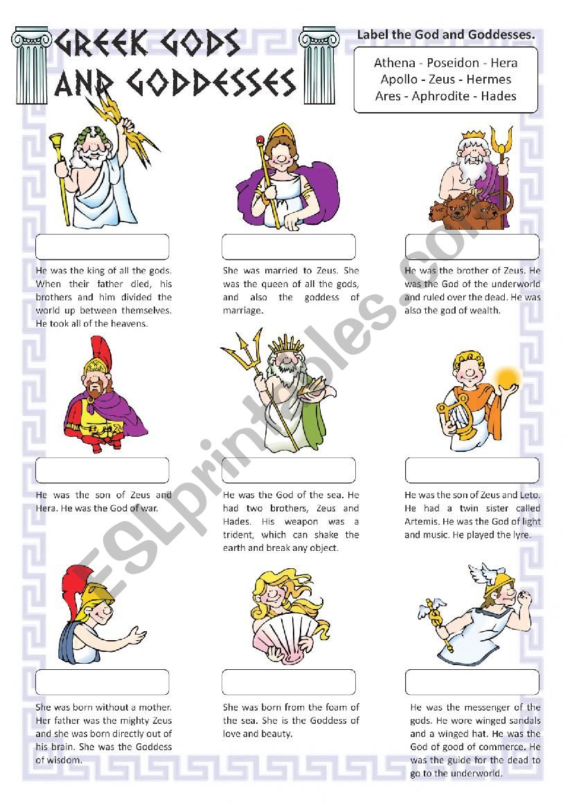 worksheet greek gods and goddesses