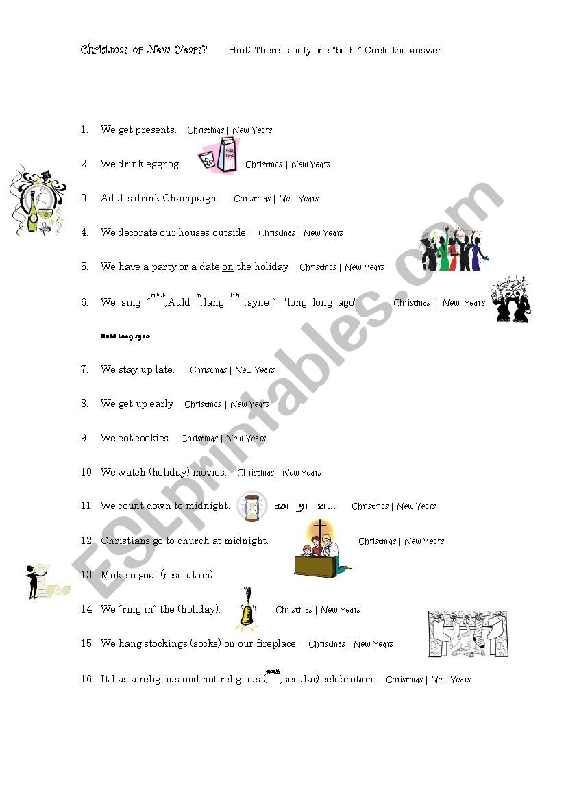 Christmas or New Years? worksheet