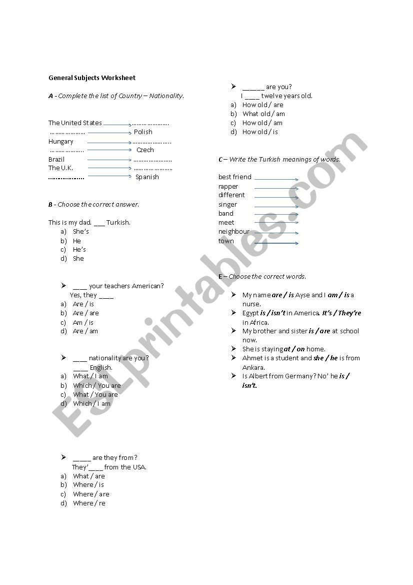 General Subjects Worksheet worksheet