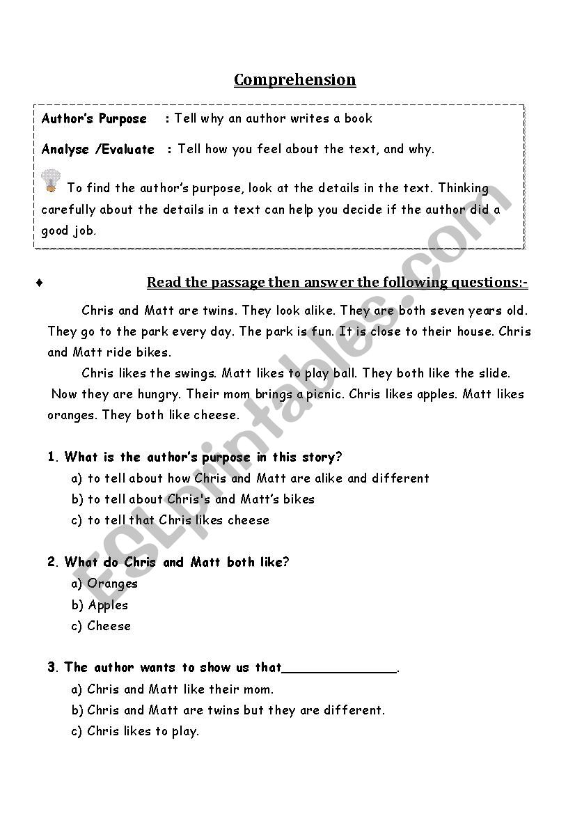 Comprehension worksheet