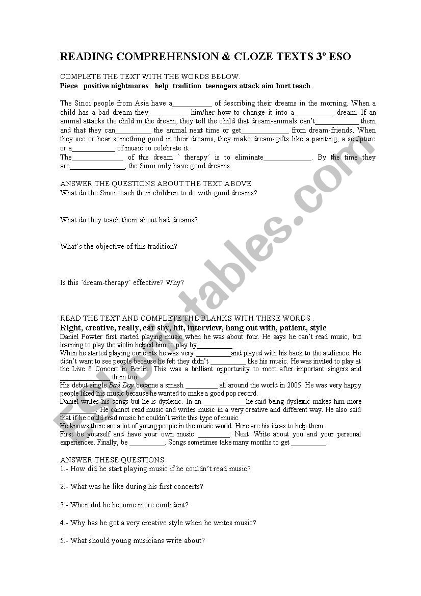 Reading Comprehension Texts worksheet