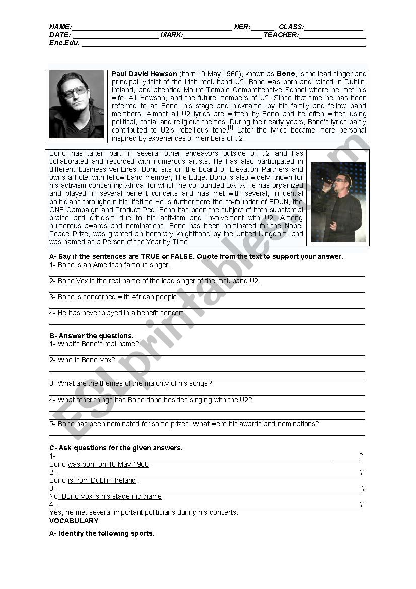 test- Bono Vox worksheet