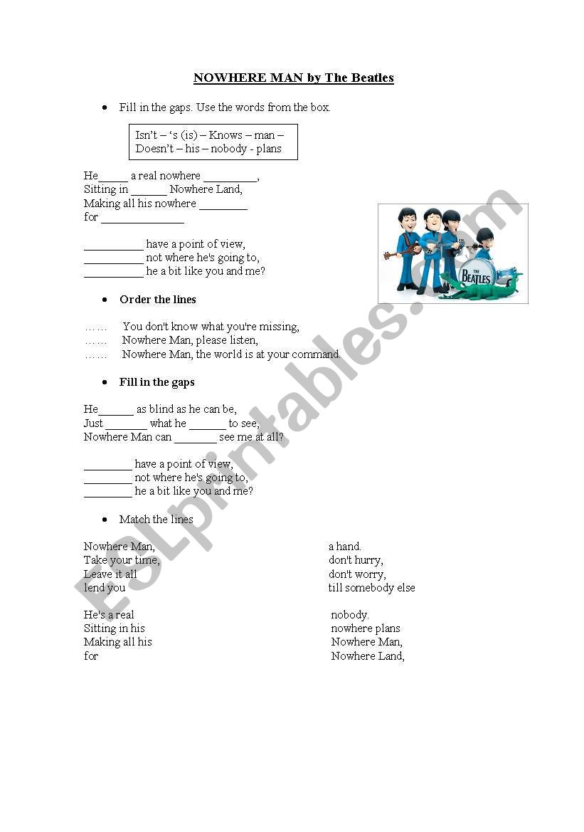 Nowhere man by the Beatles worksheet
