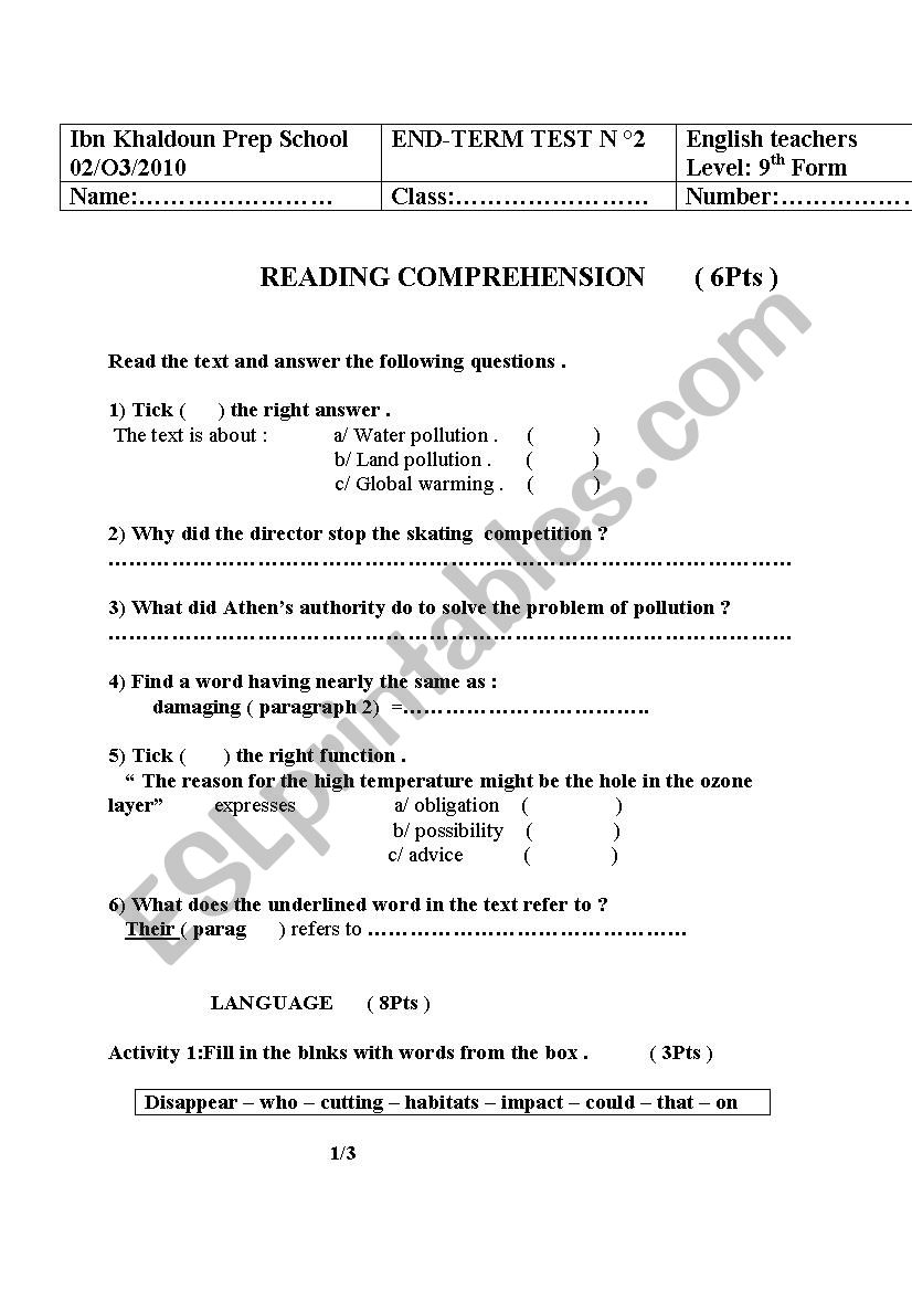 end of term test 2  worksheet