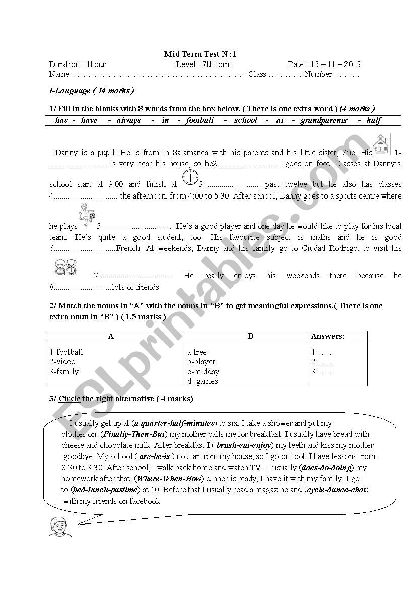 7th form mid -term test N:1 worksheet