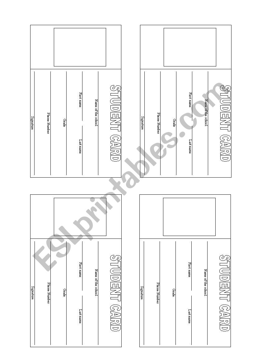 Student Card worksheet
