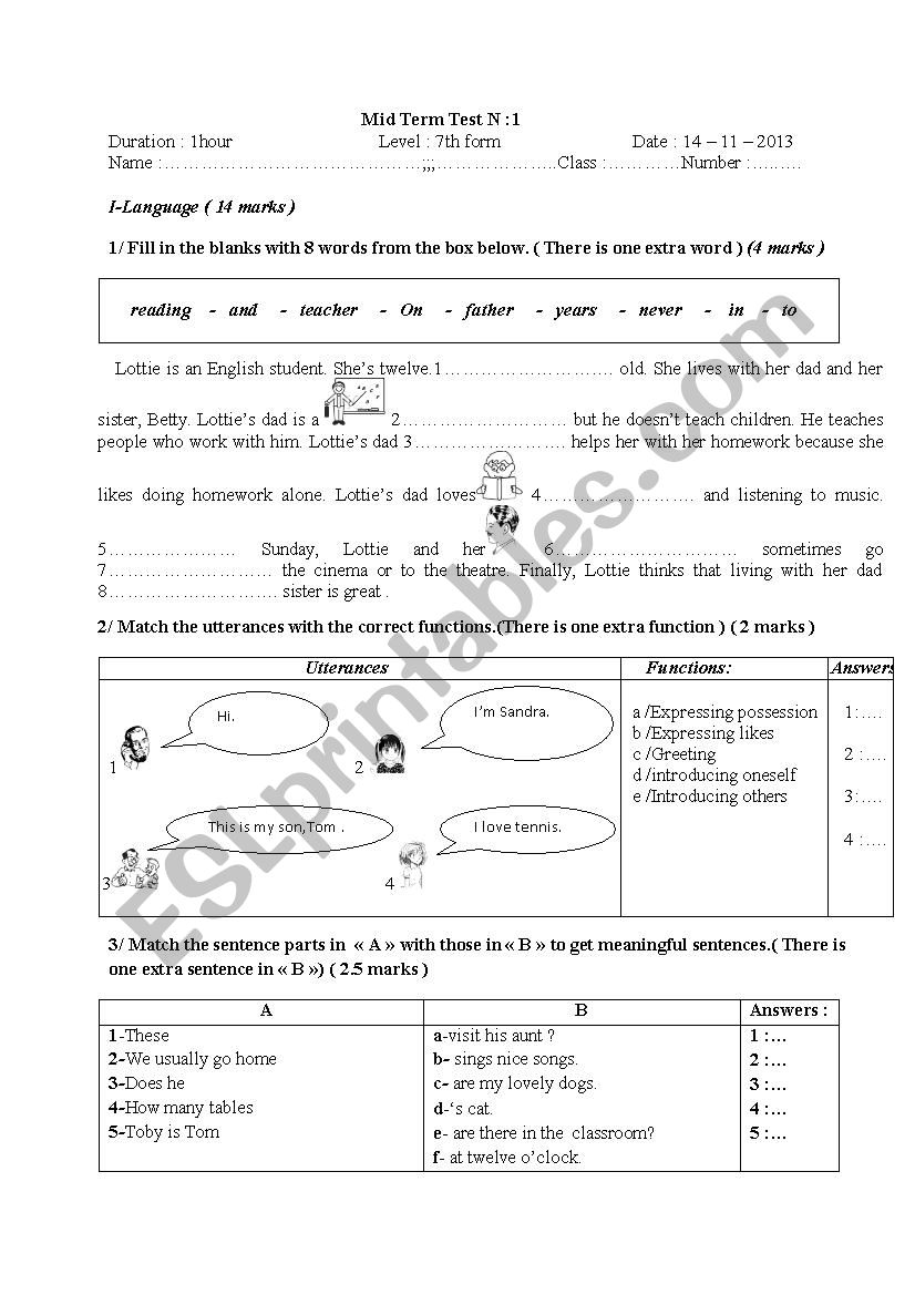 7th form mid -term test N:1 worksheet