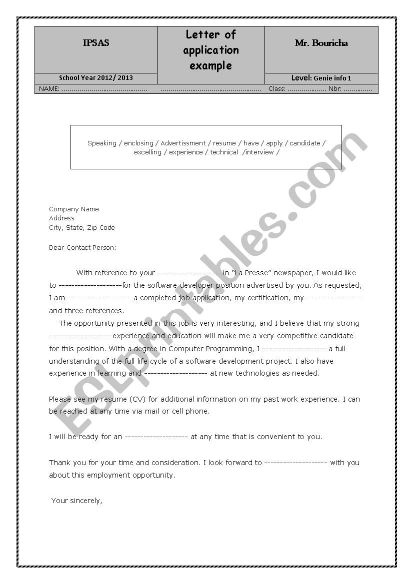 letter of application worksheet