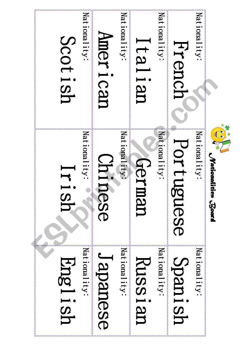 Nationalities Board worksheet