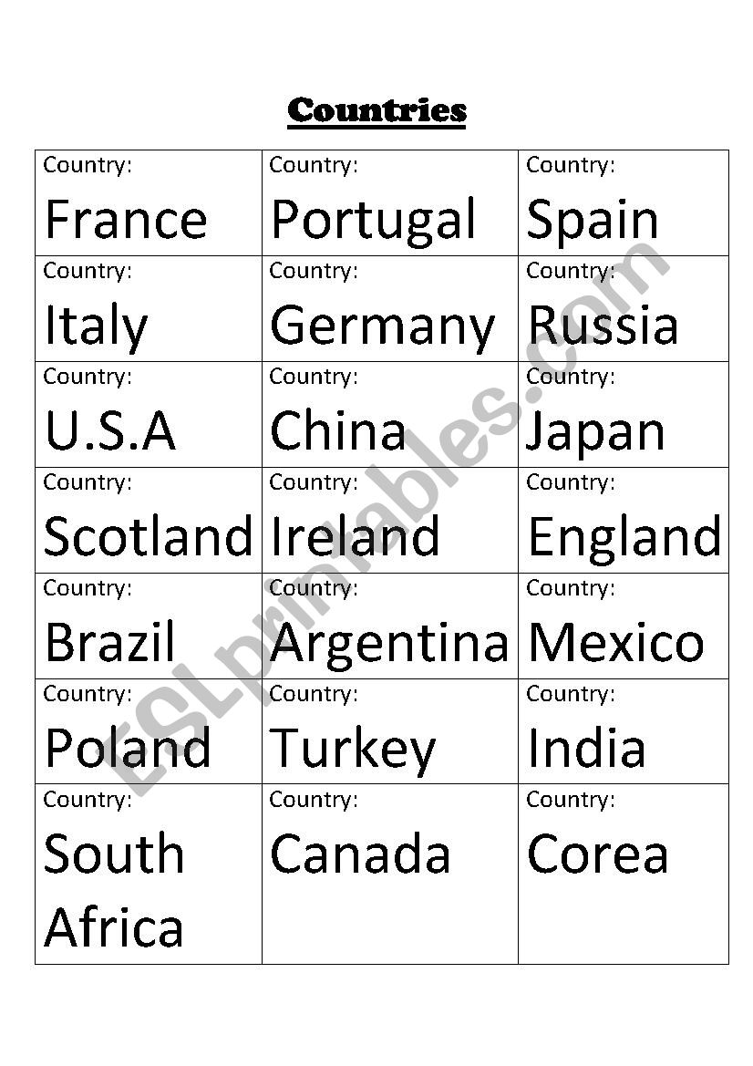 Countries Board Game worksheet