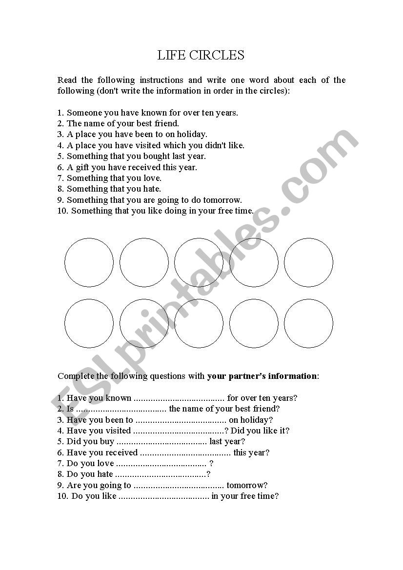 Life Cirlces worksheet