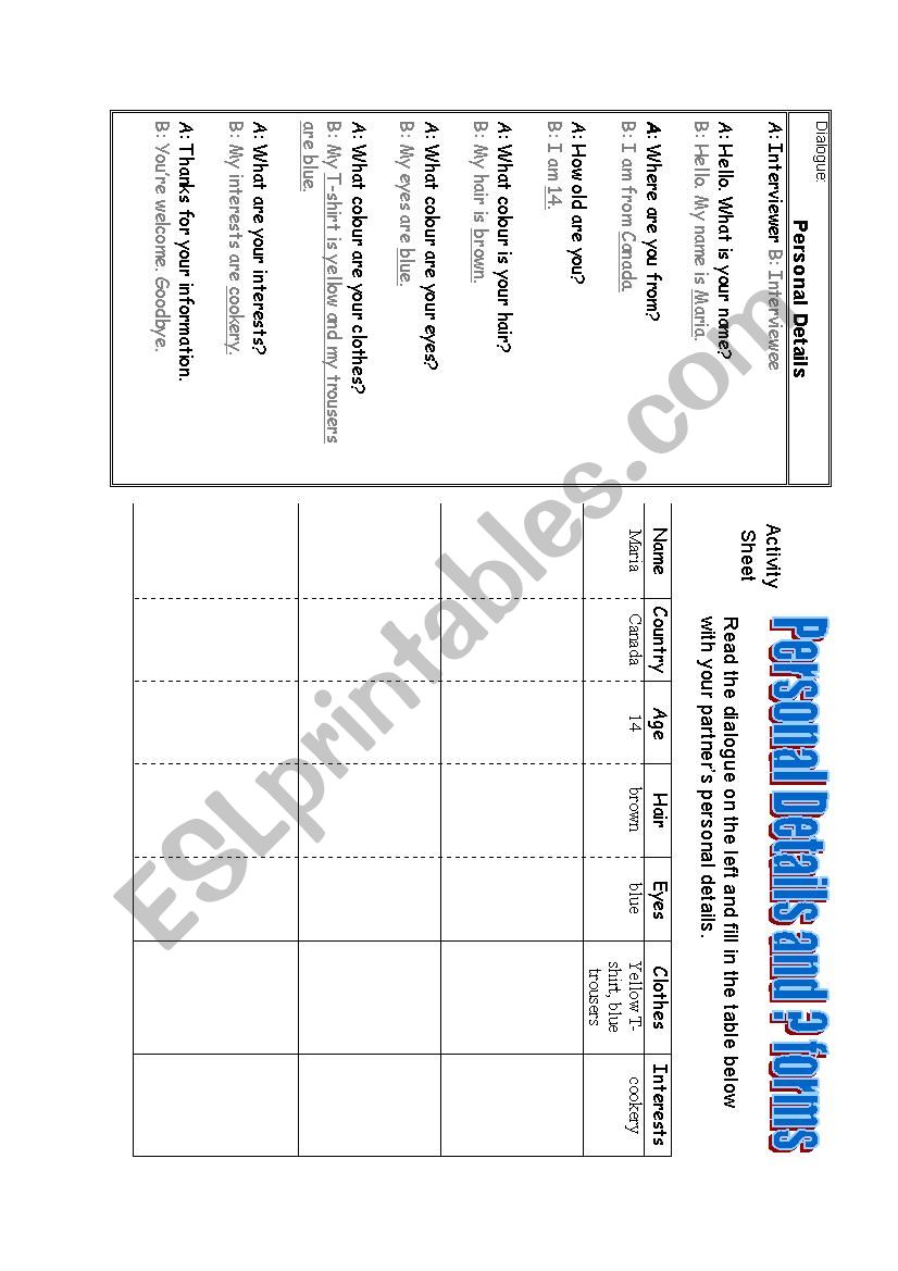 Personal details worksheet